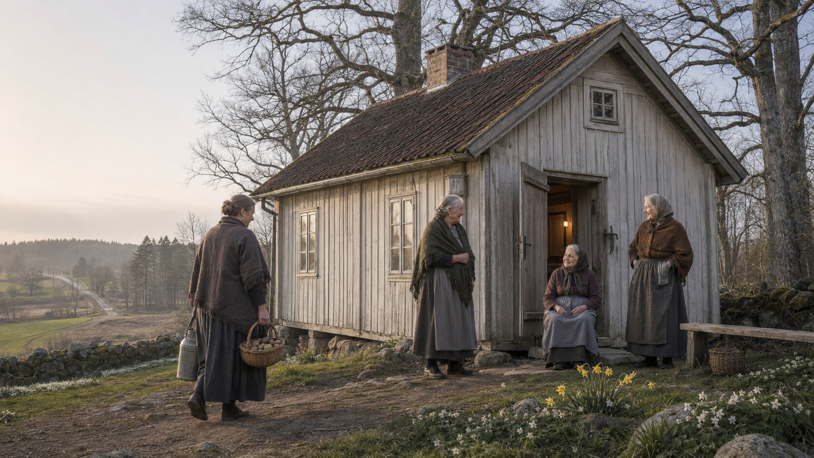 Tre kvinnor i huset på höjden