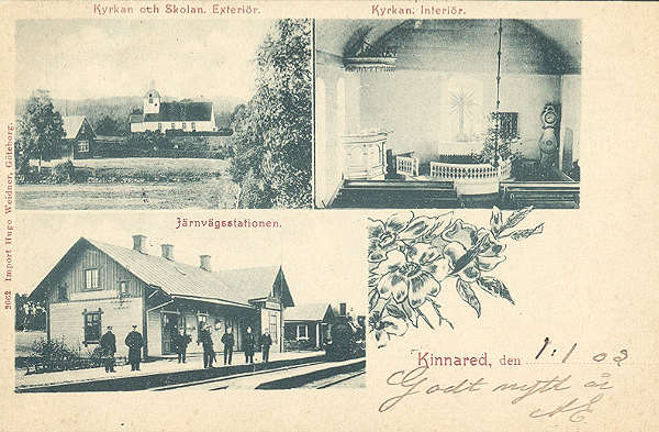Historiskt vykort från omkring 1900: Järnvägsstationen, kyrkan och skolan, Kinnared