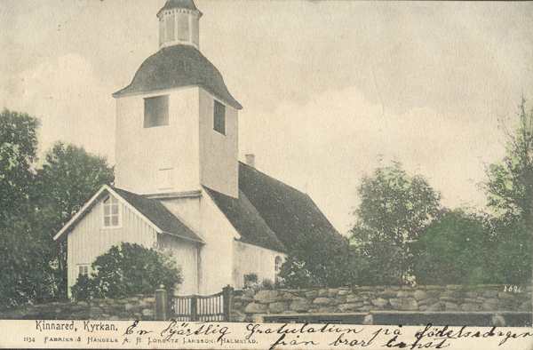 Historiskt vykort från omkring 1905: Kinnareds kyrka, Kinnared